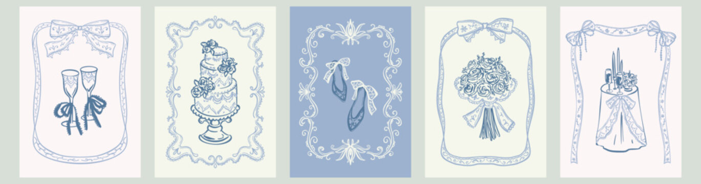 Set of hand drawn whimsical coquette sketch wedding invitation, card, poster with wedding cake, marriage rings, bridal flower bouquet, champagne glasses. Baroque rococo lace embroidery filigree frames