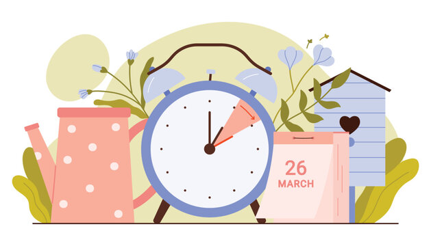 Spring forward 2024, daylight saving time begins vector illustration. Cartoon alarm clock and spring garden flowers, beehive and watering can, vintage reminder calendar to change clock ahead hour