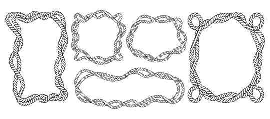Nautical frame collection featuring vintage intertwined sailor ropes, braided nautical borders and classic marine geometric and organic shapes, oval and rectangular frames, flat vector design.
