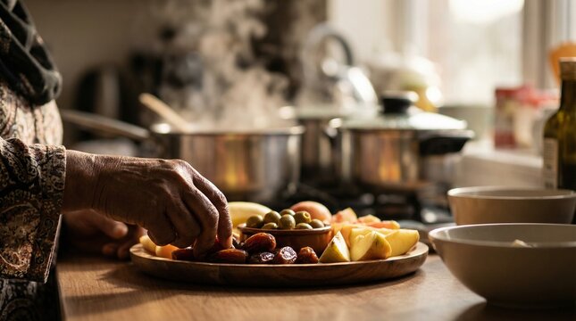 Preparing traditional iftar meal with dates during Ramadan fasting