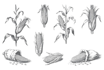 Engraved corn plants and cobs in hand drawn sketch style.  © Artverza
