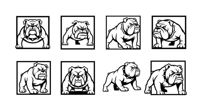 Collection of eight powerful black and white bulldog illustrations in various poses.