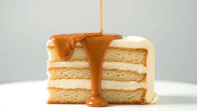 Cinematic slow motion footage of caramel layer cake covered in smooth caramel sauce drip, rich golden color and moist sponge texture for dessert advertising.