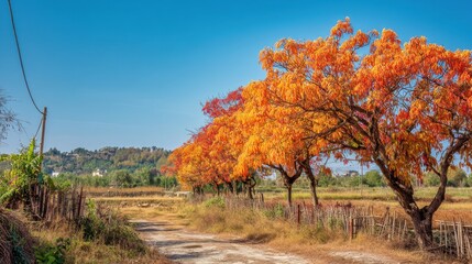 Vibrant Autumn Landscape with Colorful Trees Along a Country Pathway Under Bright Blue Sky in Rural Setting