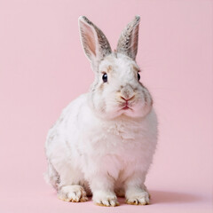 Obraz premium photorealistic, pastel pink background features an adorable, fluffy rabbit with soft fur symbolizing easter traditions and childhood innocence