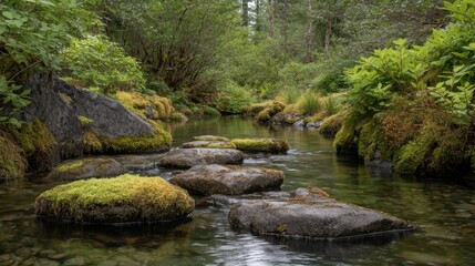 Obraz premium Tranquil Stream with Mossy Rocks Surrounded by Lush Green Foliage in a Serene Forest Setting for Nature Lovers and Outdoor Enthusiasts