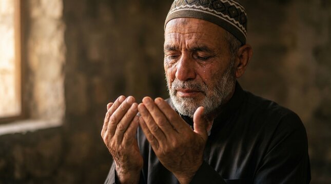 Muslim man raising hands in dua prayer expressing faith and spirituality during Ramadan