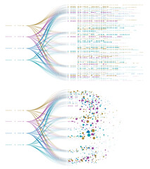 Data Visualization Network Infographic With Colorful Nodes, Curved Connections and Bubble Distribution