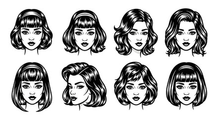 Set of eight beautiful womens faces with various hairstyles, black and white vector illustration.