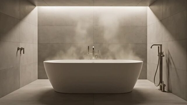 Modern minimalist bathroom with a steaming freestanding bathtub and sleek chrome fixtures