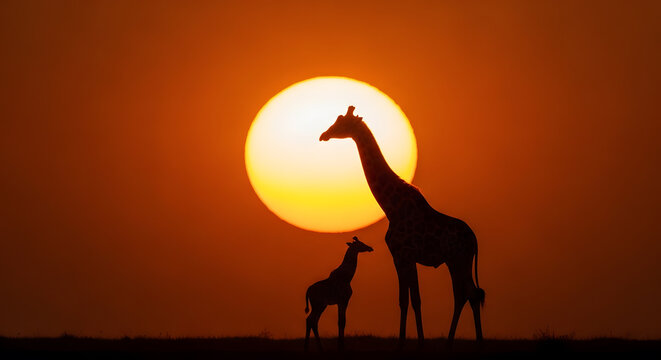 Giraffe mother and calf silhouette at sunset savanna safari wild animal nature sun horizon landscape african