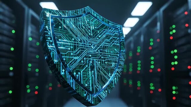 Cybersecurity shield in a server room