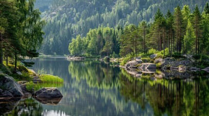 Tranquil Lake Surrounded by Lush Green Forests and Reflections on Calm Water in a Serene Natural Landscape