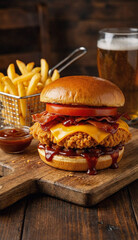 Crispy Chicken Burger with Cheese and Fries