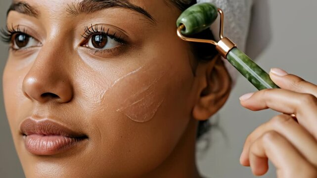 A woman applying a jade roller on her cheeks for skincare.
