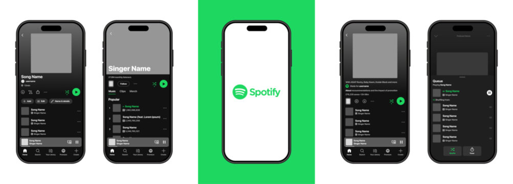 Spotify 2026 Music Streaming App Interface on Smartphone Screen, Now Playing Screen, Playlist Carousel, Album Artwork, Playback Controls, Podcast Panel, Modern Mobile UI Mockup, vector illustration.