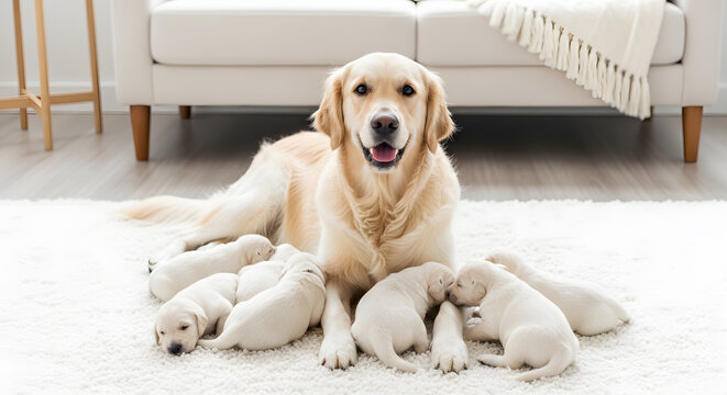Golden retriever mother dog lying on white rug with litter of newborn puppy indoor home pet