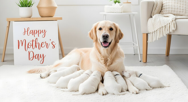 Mother day celebration card with golden retriever dog and newborn puppy litter home interior white room
