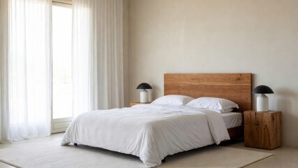 Minimalist bedroom design with wooden furniture and soft lighting.
