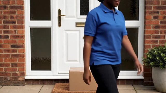 Smiling delivery person with package at front door, ready for contactless delivery