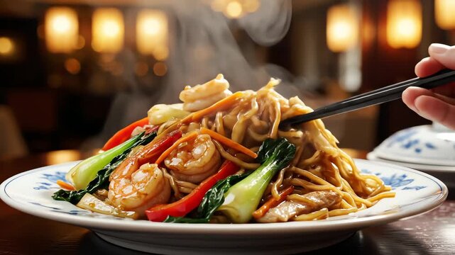 Close up of a plate with appetizing noodles and shrimp dish served in restaurant