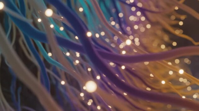 Abstract glowing fibers with bokeh lights, representing neural network or data transmission
