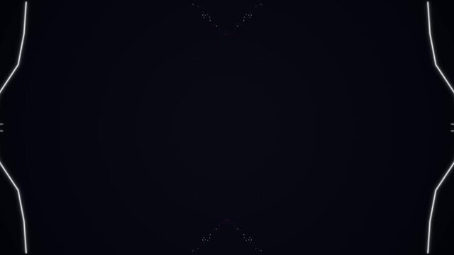 Abstract symmetrical light streaks and particles forming a diamond shape on a dark background.