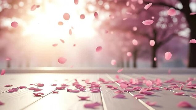 Delicate pink cherry blossom petals softly drift down onto a sunlit wooden walkway creating a tranquil and beautiful spring scene ideal for romantic backgrounds.