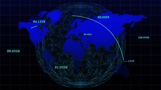 Animation of network of connections with icons over globe and grid