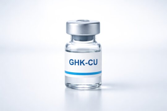 Glass vial labeled GHK-CU peptide cosmetic or medical serum isolated on white background