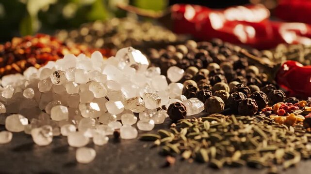 Assortment of coarse sea salt, peppercorns, chili flakes, and dried herbs on a dark surface