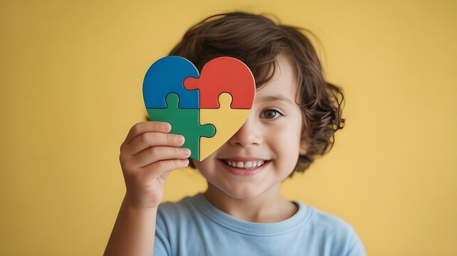 Kid boy hands holding puzzle heart, child mental health concept, world autism awareness day, teen autism spectrum disorder awareness concept