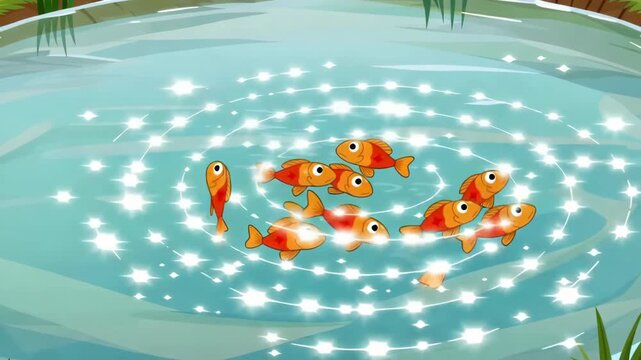 Cartoon goldfish swimming in a pond with sunlight refraction,animated background for childrens stories and educational content