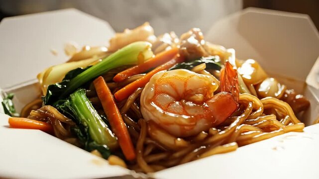 Steaming takeout noodles with shrimp and vegetables in open box