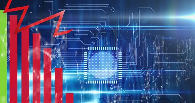 Digital animation of start text over neon squares against microprocessor connections