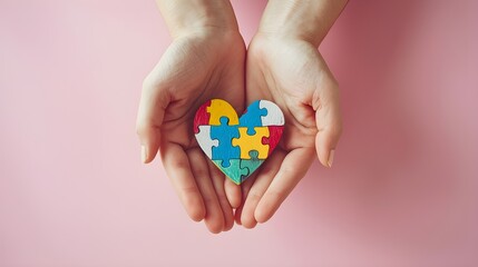 An adult and child holding puzzle hearts on a light blue background. World autism awareness day concept.