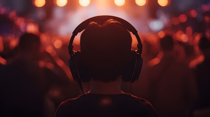 AI generated image of back view on a boy in the autism spectrum wearing noise cancelling headphones and standing out of the crowd