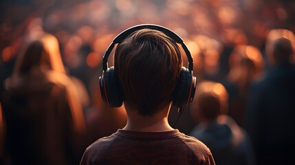 AI generated image of back view on a boy in the autism spectrum wearing noise cancelling headphones and standing out of the crowd