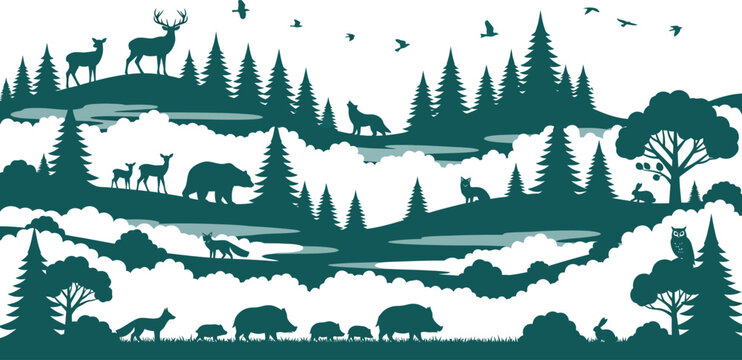 Forest landscape with animals and trees in a nature scene with hills and water