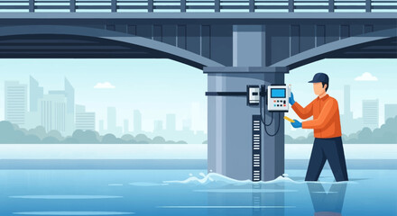 Fototapeta premium Man installs sensor device on a waterfront pillar beneath an urban bridge in a modern city.