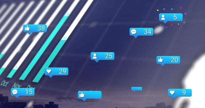 Animation of social media icons and data processing over cityscape
