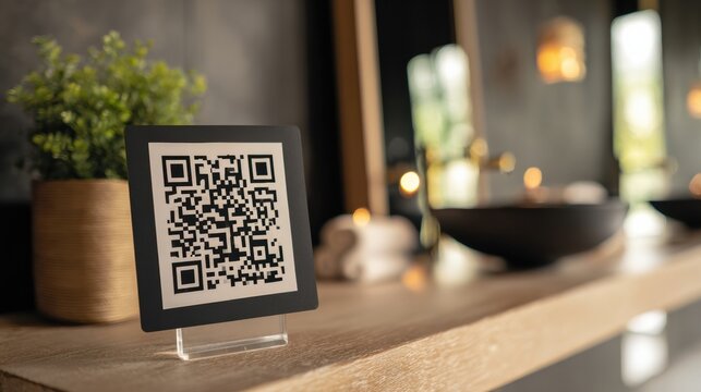 QR Code Concierge Stand on a Wooden Desk in a Luxury Room With a Blurred Background and a Small Plant Nearby