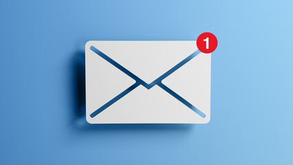 White Email Icon With New Message Notification Badge On Blue Background, Concept Of Inbox Alert