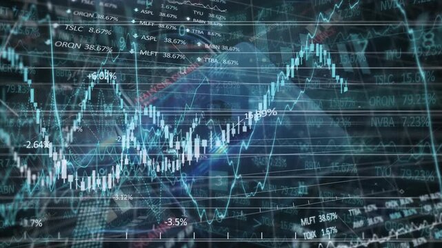 Animation of stock market data with line graphs over digital lock