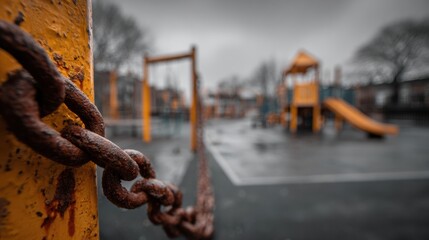 Naklejka premium Heavy Chain Locks School Gate in Playground Under Cloudy Sky, Symbolizing Closure and Restriction in Childrens Space and Activities