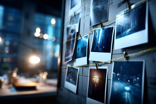 Criminal Investigation Board Shows Photos, Strings and Evidence in a Dark Room With Lights in the Background
