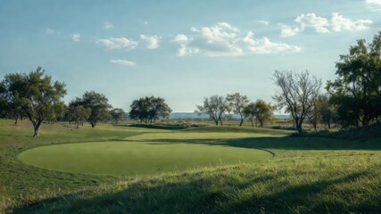 Serene golf course landscape under a clear sky with lush greenery.