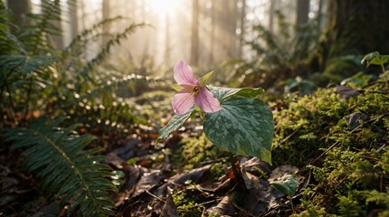 Pink trillium emerging from forest floor in soft morning mist of day