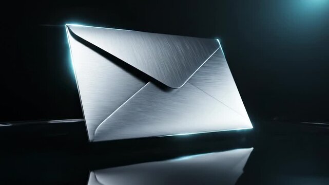 Futuristic metallic envelope with glowing blue light edges on a dark reflective surface