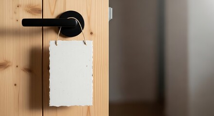 Blank White Paper Sign Hanging on Wooden Door Handle.